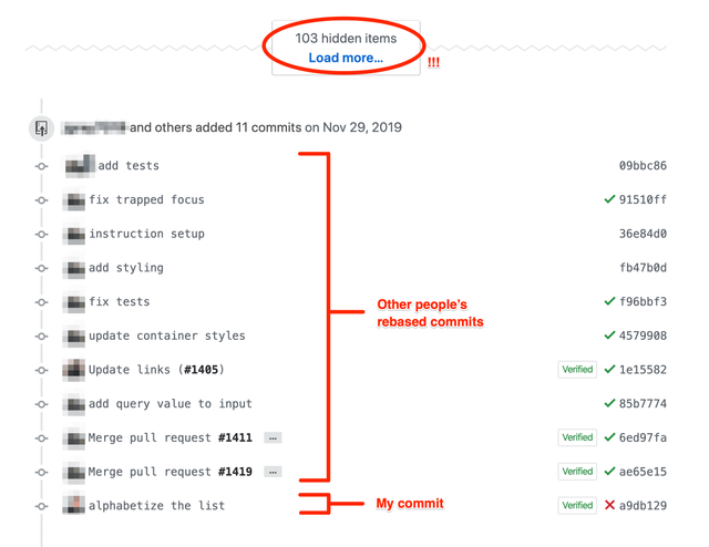 Image of a GitHub pull request with a bunch of post-rebase commits that shouldn’t be there