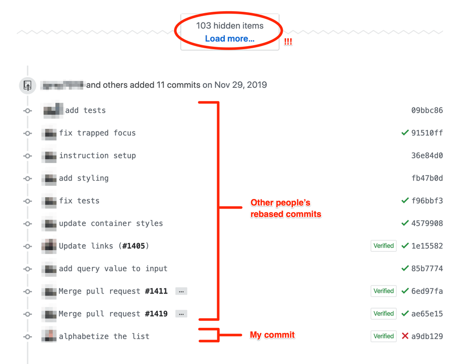 Image of a GitHub pull request with a bunch of post-rebase commits that shouldn’t be there