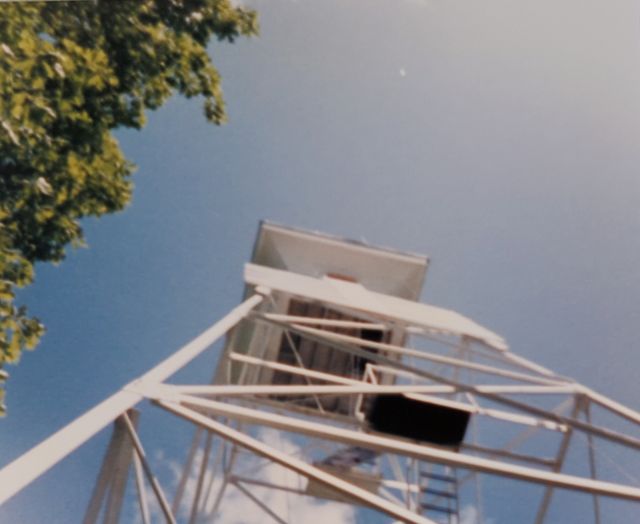 'A forest observation tower, viewed from below.'